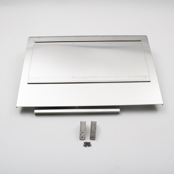 A silver metal Antunes conveyor cover with two metal parts and two screws.