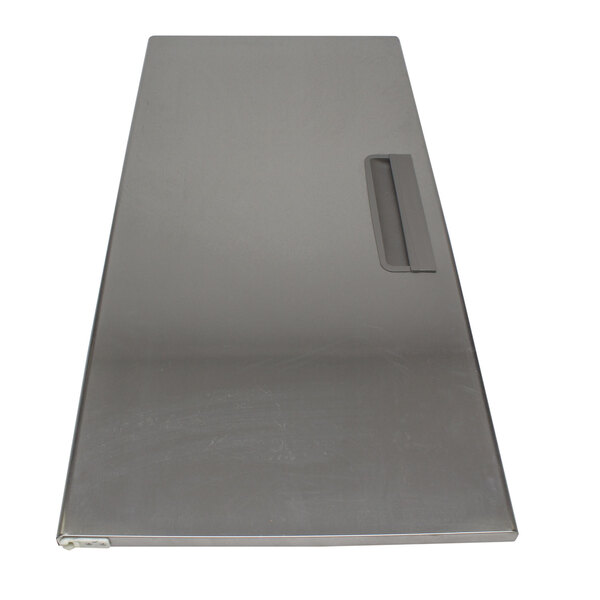 A grey rectangular metal door with a handle on it.