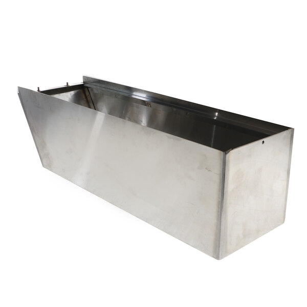 A large rectangular metal container with a lid and a handle on the side.