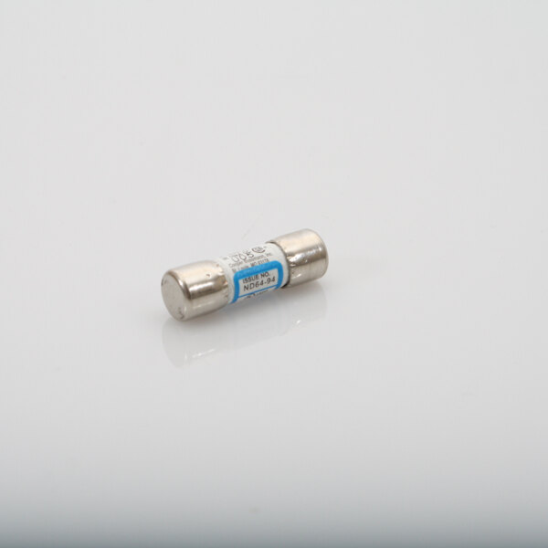 A close up of a small blue and silver Duke 10a fuse.