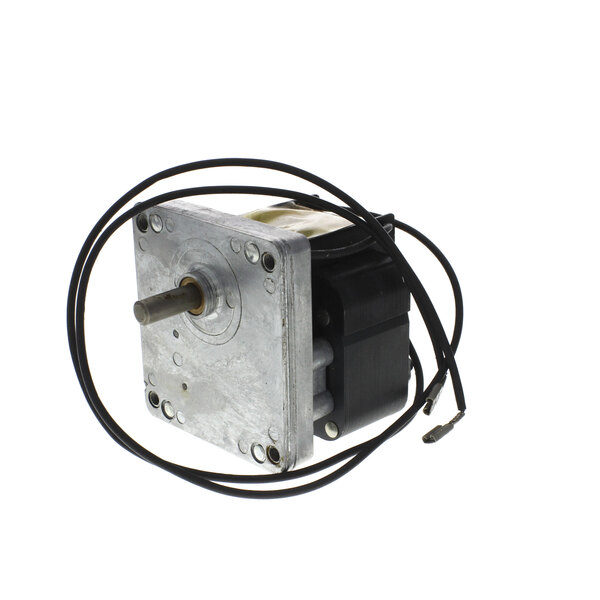 A small metal and black electric motor with black wires.