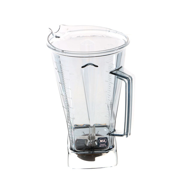 A clear plastic Vitamix blender container with a handle and blade inside.