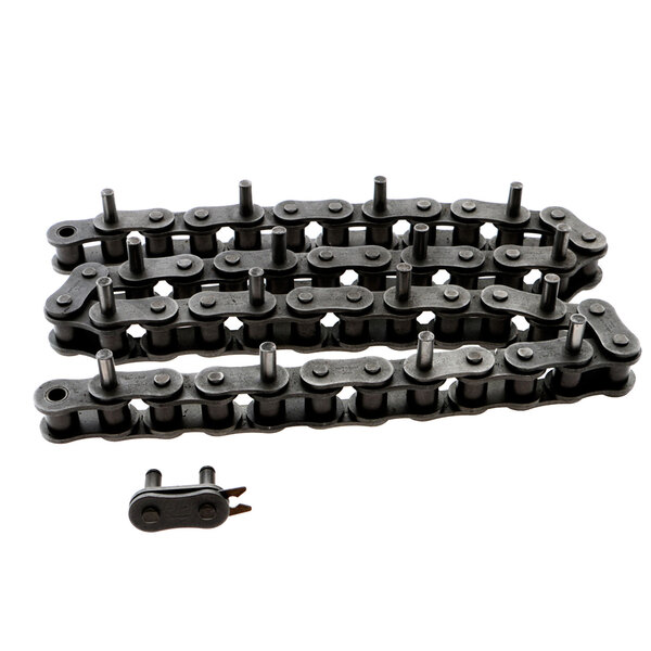 A close-up of a black Blakeslee drive chain with a screw.
