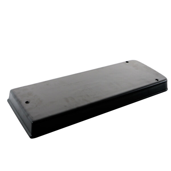 A black plastic rectangular cover for a dishwasher part with screws.