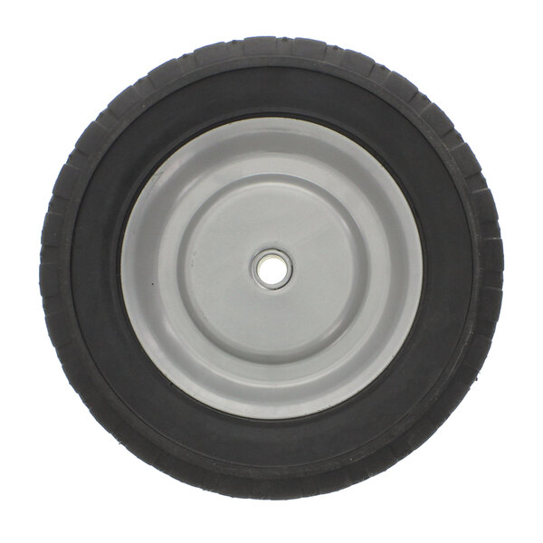 An 8 inch black and grey wheel with a hole.