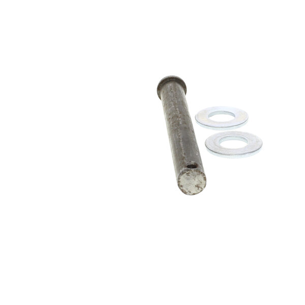 A metal rod with two white washers on each end and a white object with a hole in it.