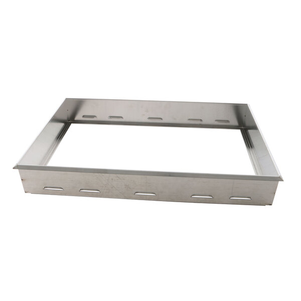 A stainless steel pan opening sleeve with holes for a metal tray.