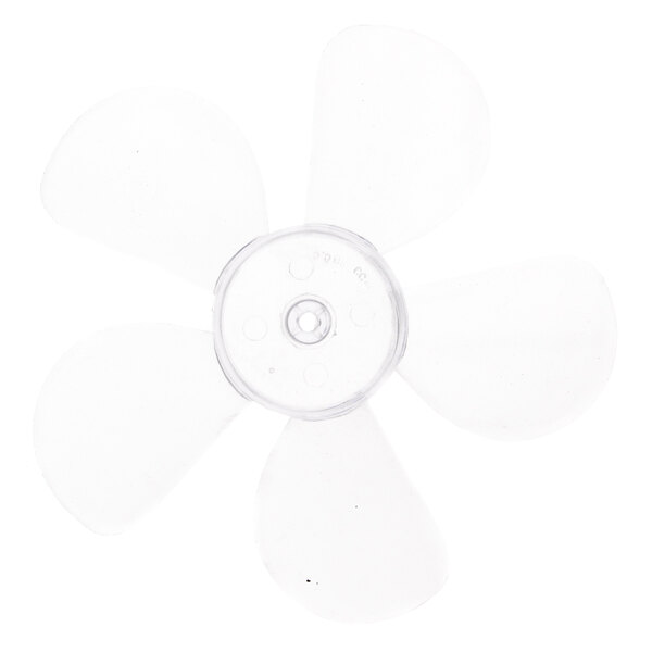 A close-up of a white plastic fan blade.