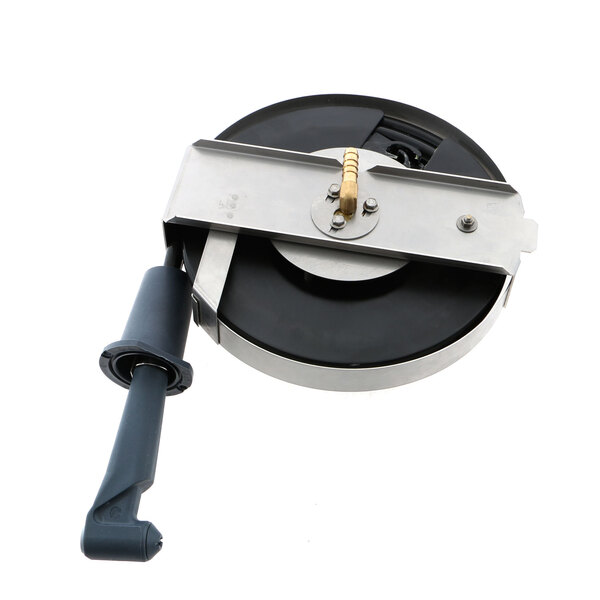 A black and silver metal and plastic hose reel with a handle.