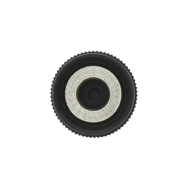 A black and silver circular knob with a black and white circular insert on a white background.