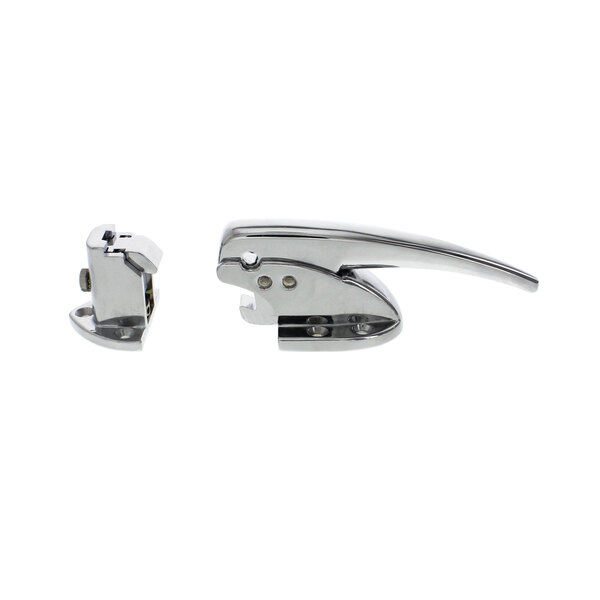 A pair of chrome plated door latches with strikes.