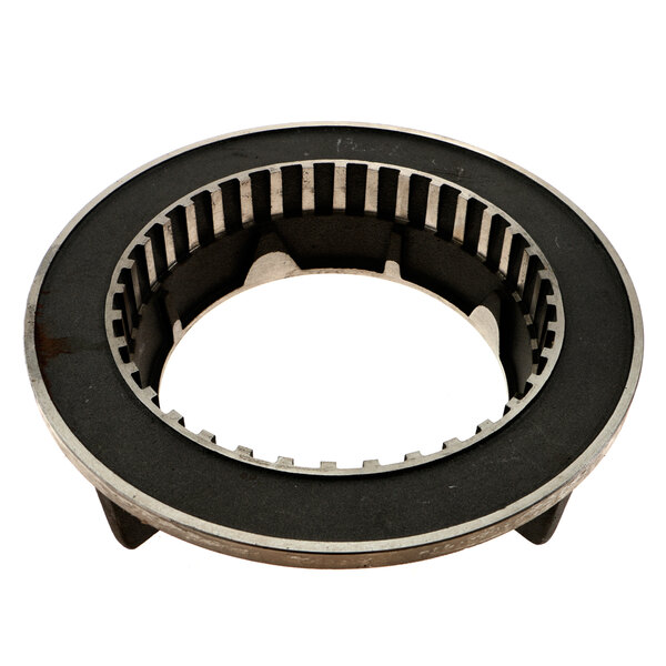 A circular metal Salvajor 8S shredder clutch ring with a circular cut out center and a ring.