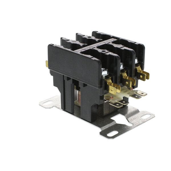 A close-up of a black Ice-O-Matic contactor with gold and silver parts.