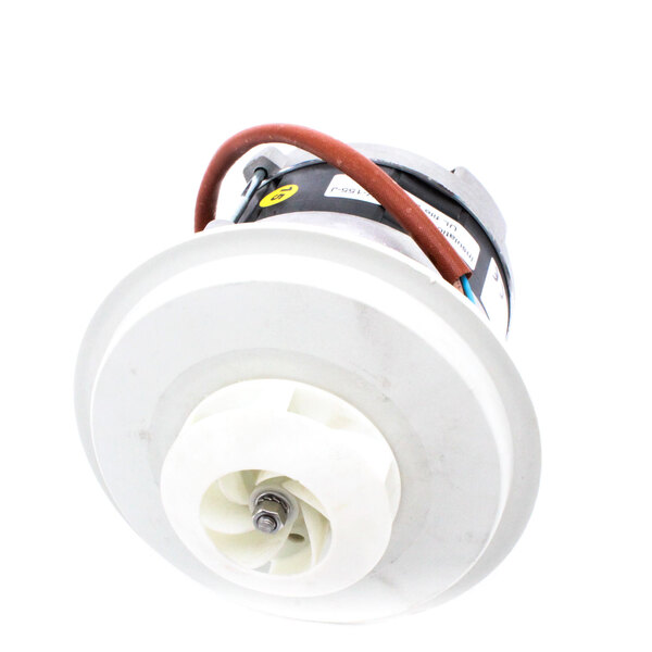 A small white motor with a red and white wire.