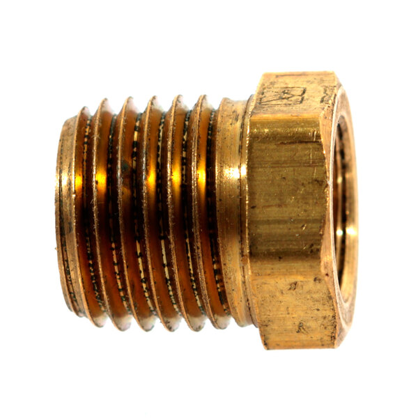 A close-up of a brass hex bushing.