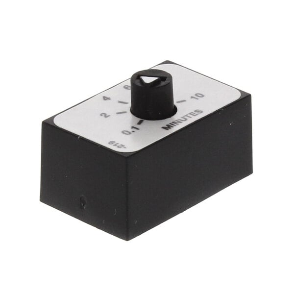 A black and white square Salvajor time delay adjustment module with a white knob.