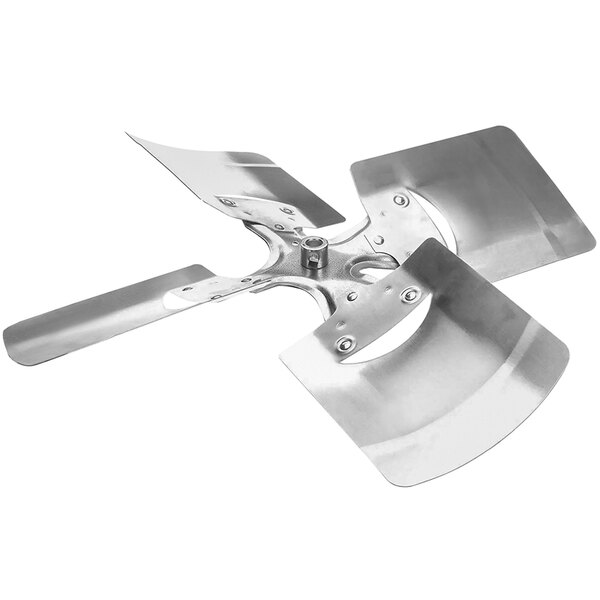 A silver metal Master-Bilt condenser fan blade with four blades and holes.