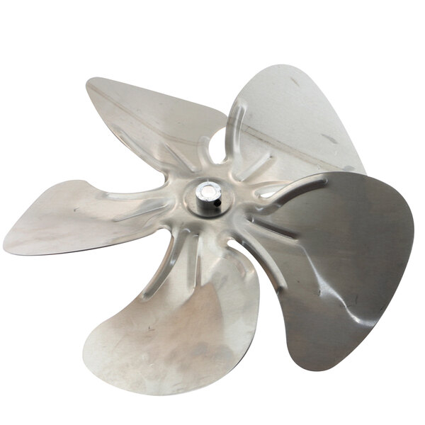 A silver Master-Bilt fan blade with a propeller shape.