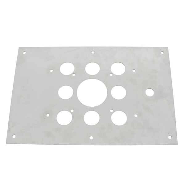 A white metal Groen motor mounting plate with holes.