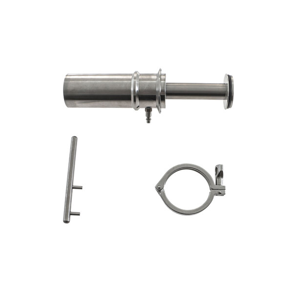 A Groen stainless steel drain valve pipe with metal parts.