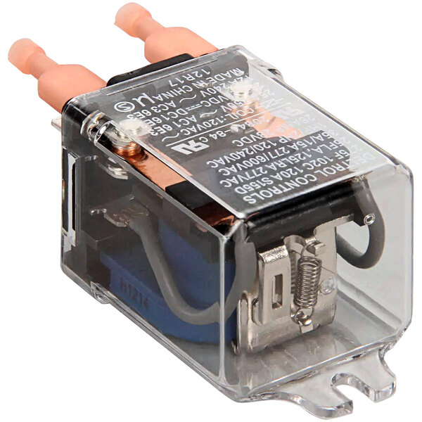 A Grindmaster-Cecilware 85303 relay in a clear plastic box with a clear cover and two wires.