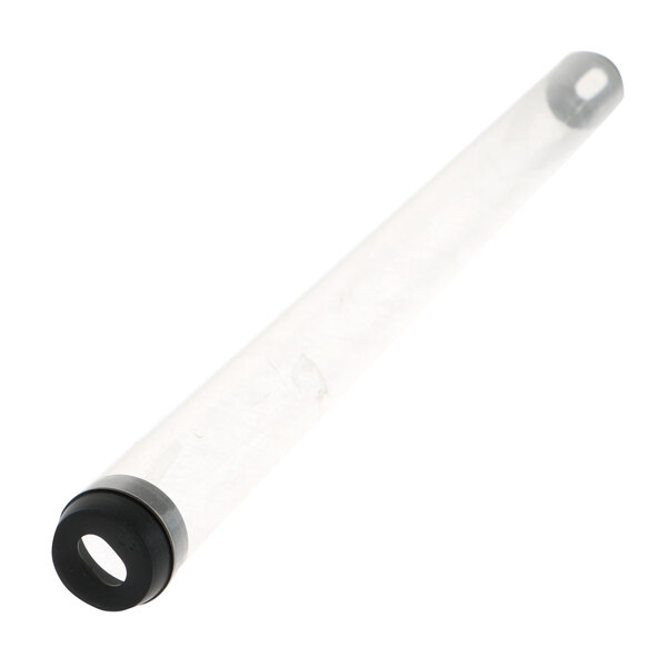 A clear plastic tube with a black round top.