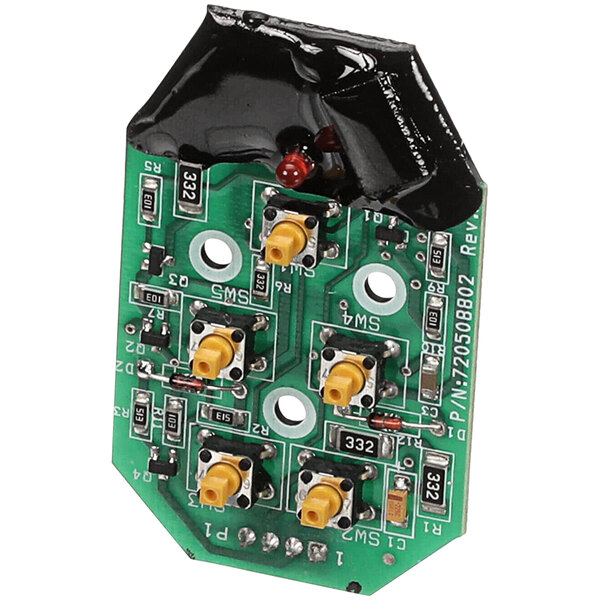 A green Cornelius circuit board with yellow and black buttons.