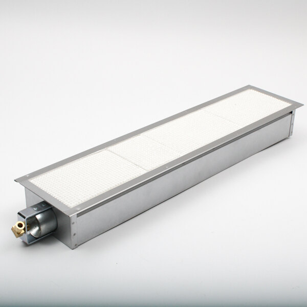 A rectangular metal air filter with a white surface.