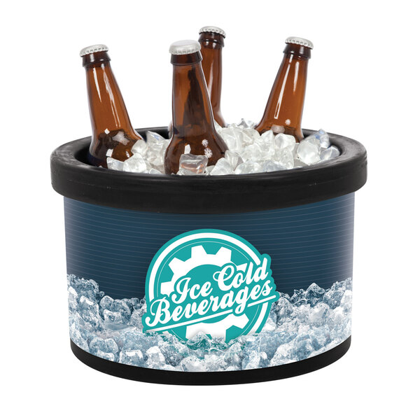 A black IRP countertop ice bin with bottles of beer in ice.