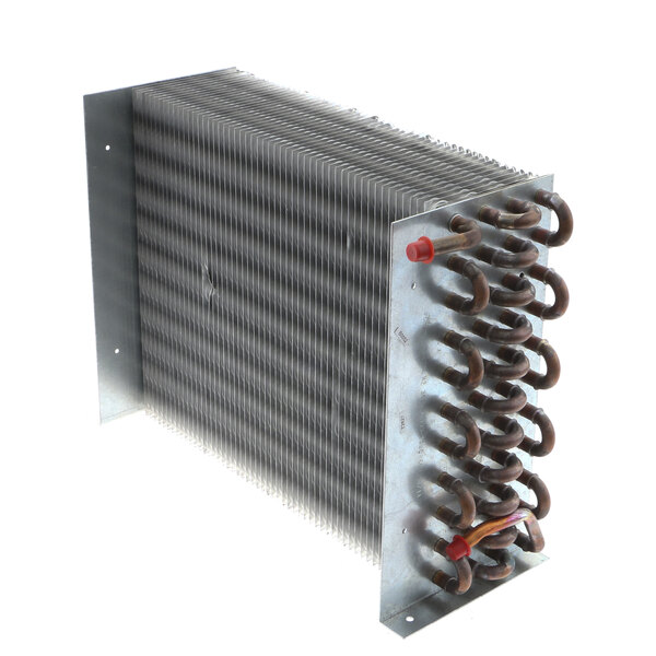 A Beverage-Air condenser coil with metal plates and wires.