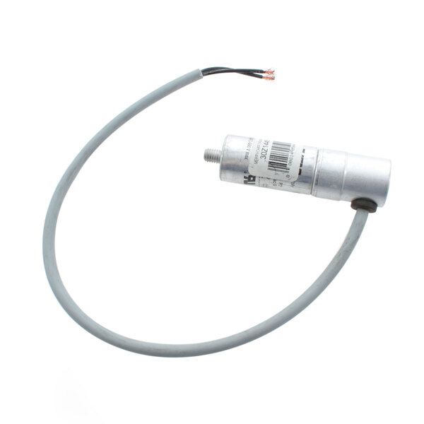 A grey cable with a round metal cylinder and a white label on a Merrychef 2uf UL starter cap.