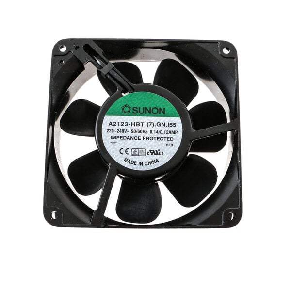A black Sunon fan with a green label.