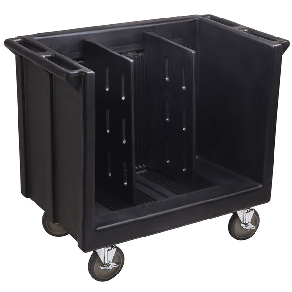 A black plastic Cambro tray and dish cart with wheels.