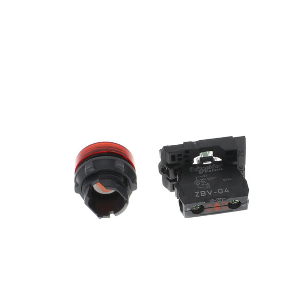 A red light with two black and red electrical connectors.