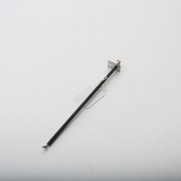 A metal rod with a black and silver top and a white label on the bottom.