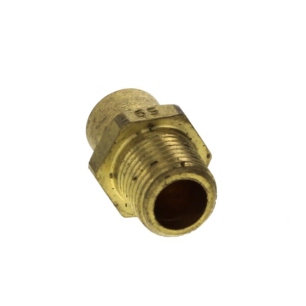 A close-up of a brass threaded pipe fitting.