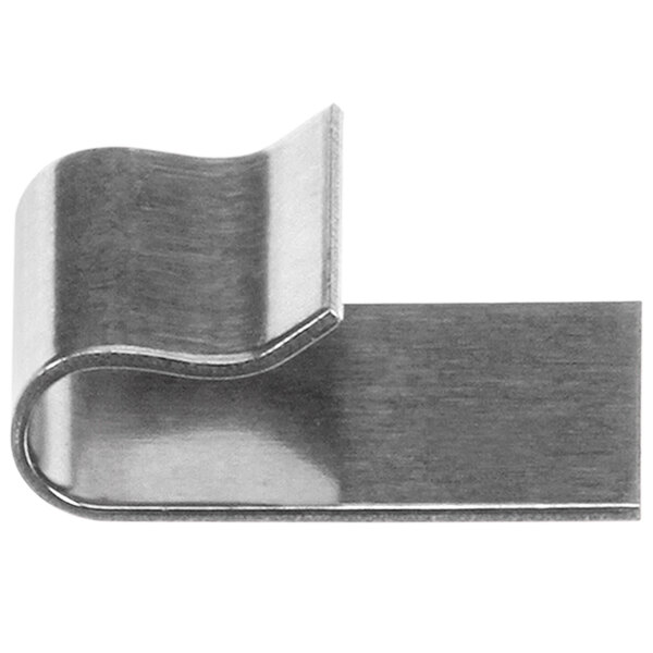 A metal clip with a curved edge on a white background.