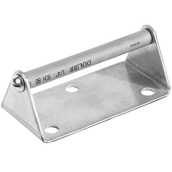 A stainless steel door handle with a metal bracket and screws.