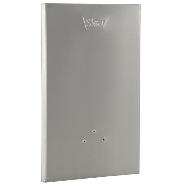 A silver rectangular Stero door sct with holes.