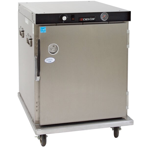 A stainless steel Cres Cor holding cabinet on wheels.