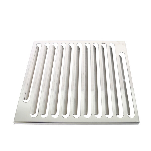 A stainless steel louvered cover with square holes.