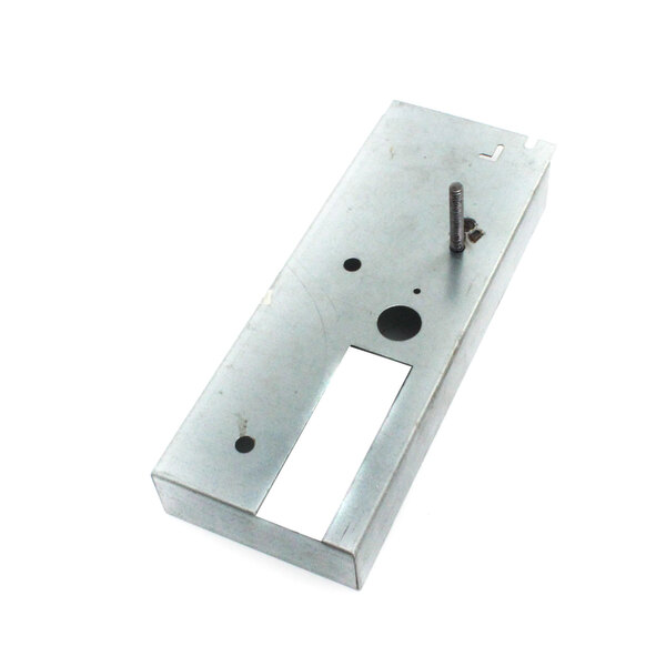 A metal rectangular Frymaster combustion front outer right door latch with a hole and a screw.