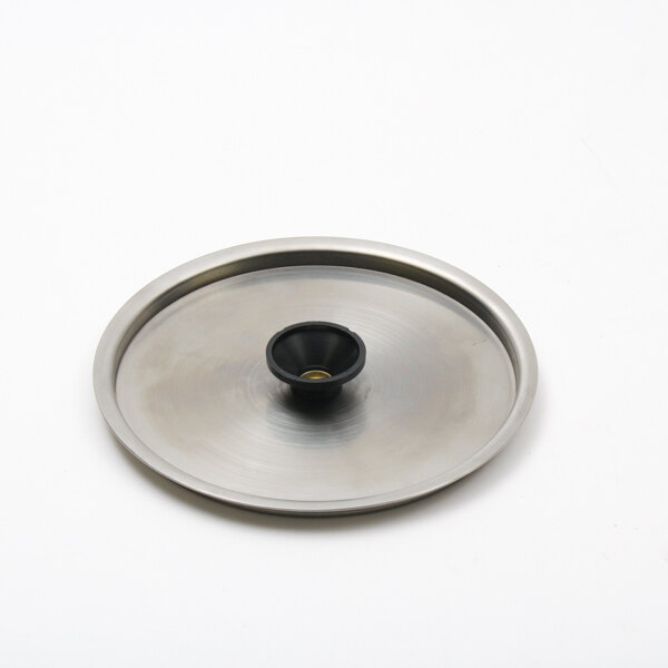 A round metal American Metal Ware lid with a black handle.