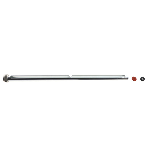 A stainless steel metal rod with a round object on the end and a black knob.