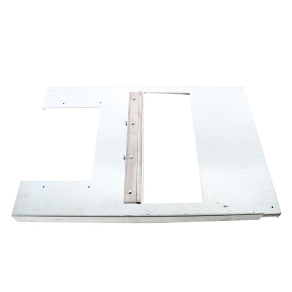 A white metal rectangular panel with two metal pieces.