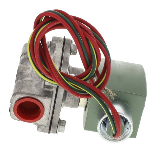 A Crown Steam gas solenoid valve with red and green wires.