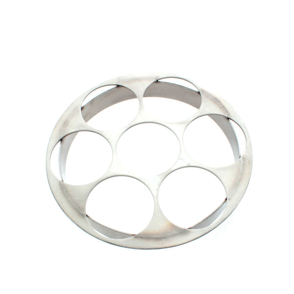 A circular metal Salvajor throat guard with six holes in it.
