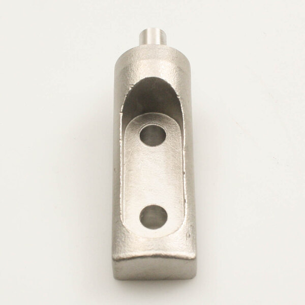 A silver metal Aladdin bottom hinge with holes in it.