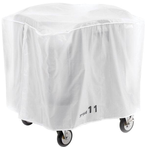 A white Metro dish dolly vinyl cover on a cart.