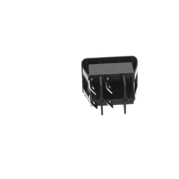 A black square Prince Castle switch with metal parts and two wires on it.